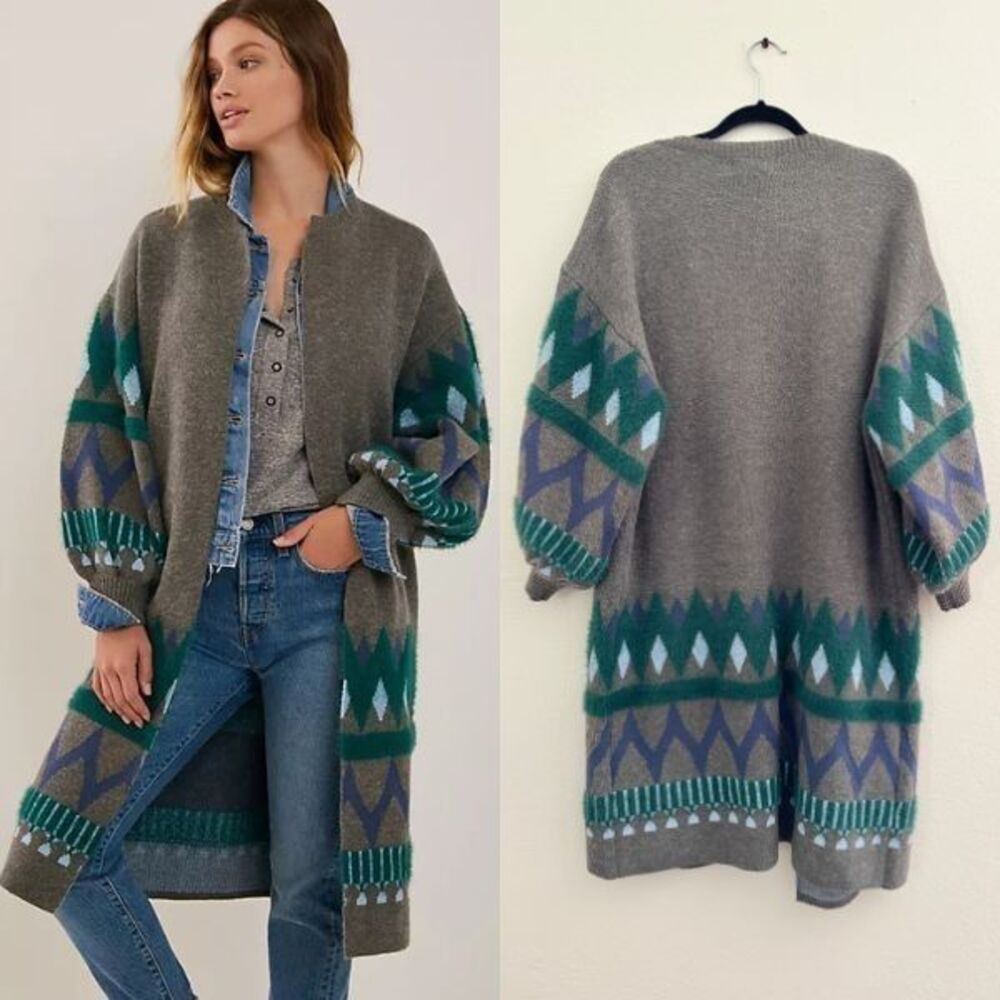 Anthropologie Kai Embroidered Duster Cardigan Puff Sleeve Gray Green Women's L